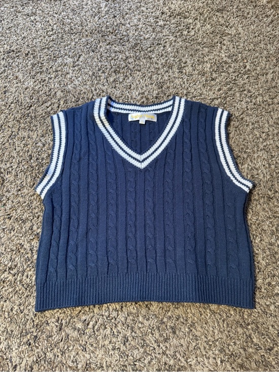 sugar moon Sweaters - Cable Knit Navy V-Neck Sweater Vest with White Trim